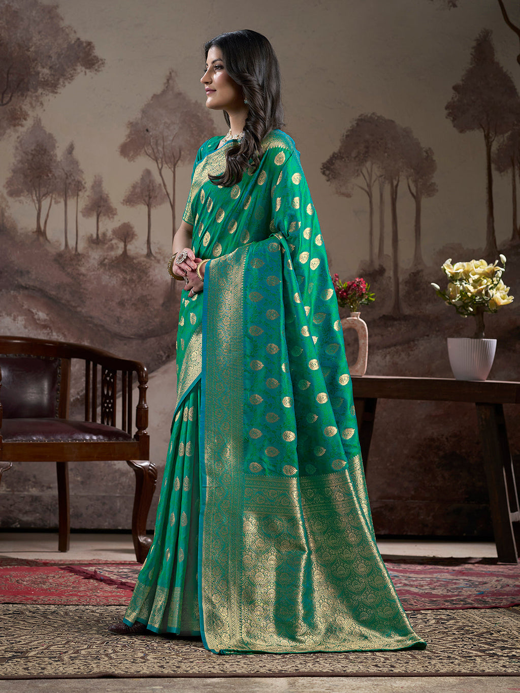 Green Soft Lichi Silk Jacquard Saree with Unstitched Blouse