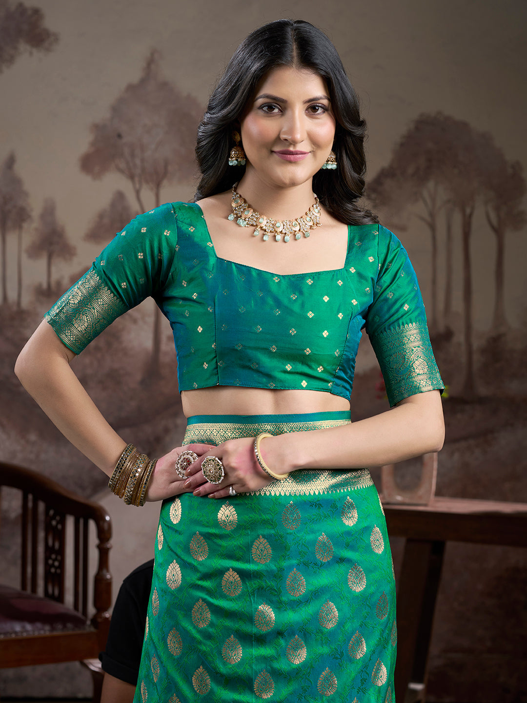Green Soft Lichi Silk Jacquard Saree with Unstitched Blouse