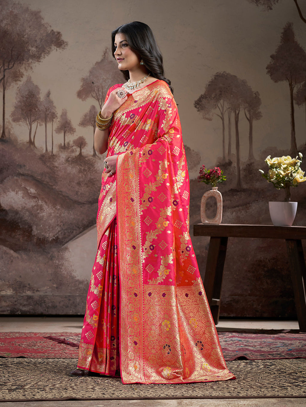 Women's Red Soft Lichi Silk Jacquard Traditional Saree with Blouse