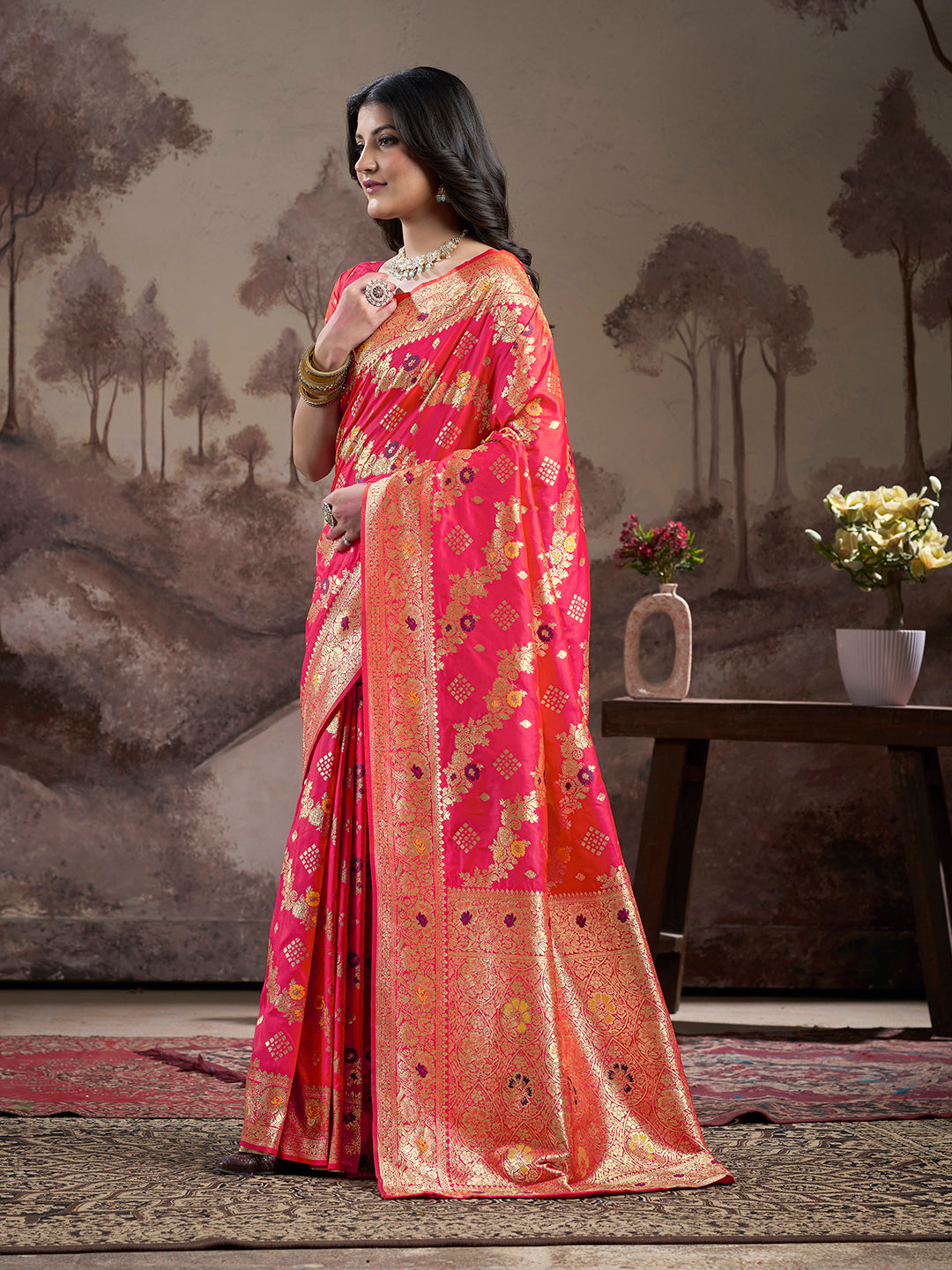 Women's Red Soft Lichi Silk Jacquard Traditional Saree with Blouse