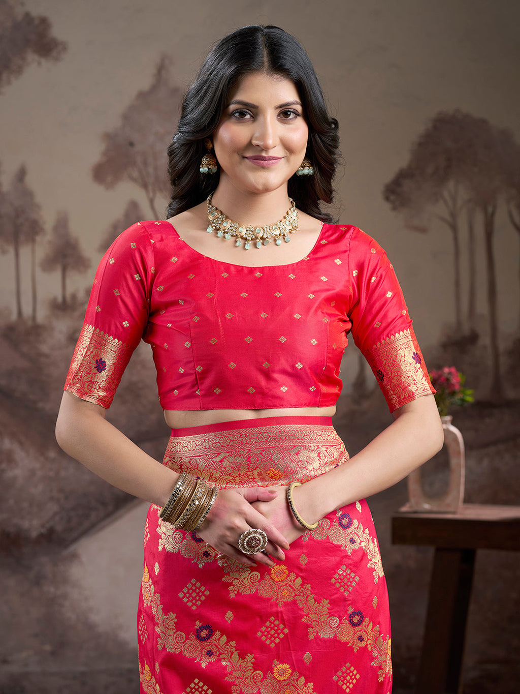 Women's Red Soft Lichi Silk Jacquard Traditional Saree with Blouse