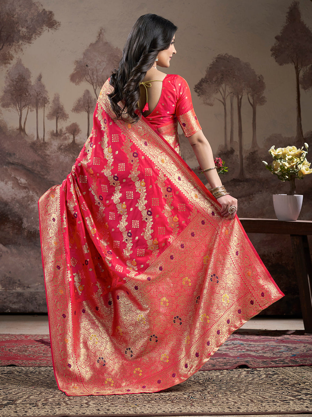 Women's Red Soft Lichi Silk Jacquard Traditional Saree with Blouse