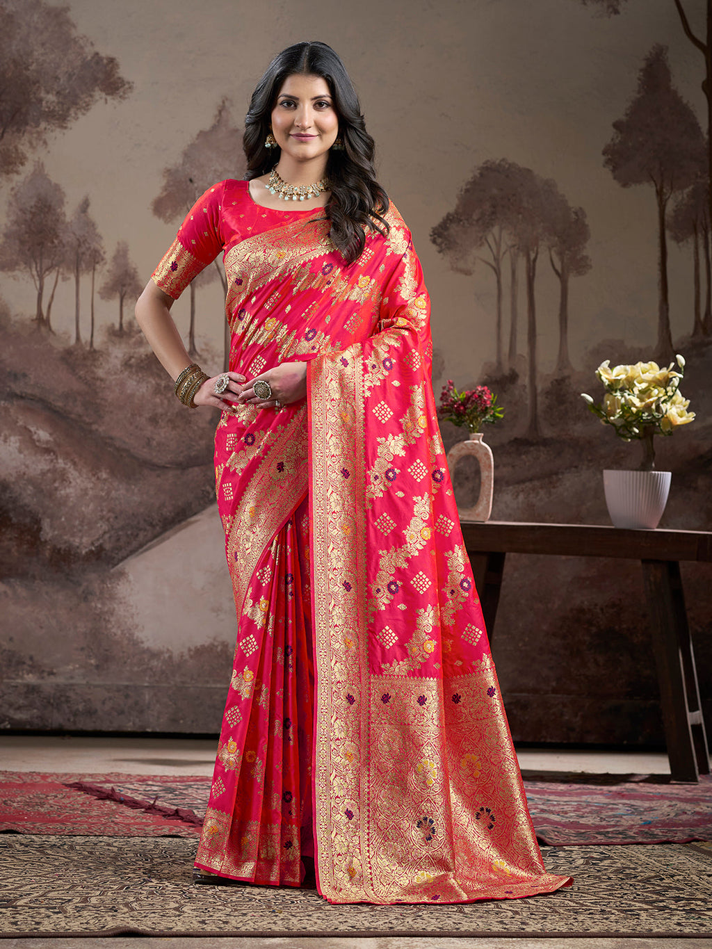 Red Soft Lichi Silk jacquard saree with unstitched blouse piece