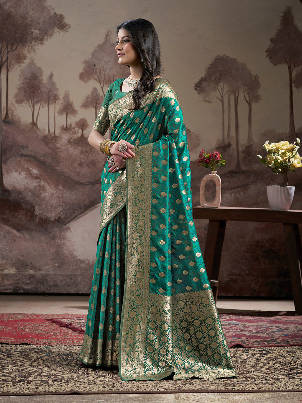 Green Soft Lichi Silk Jacquard Saree with Matching Blouse