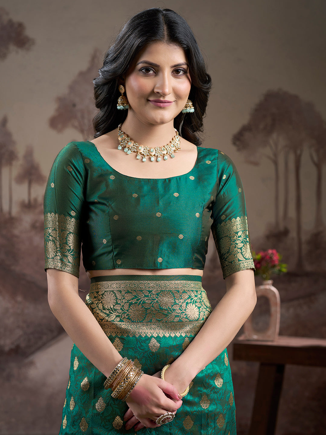 Green Soft Lichi Silk Jacquard Saree with Matching Blouse