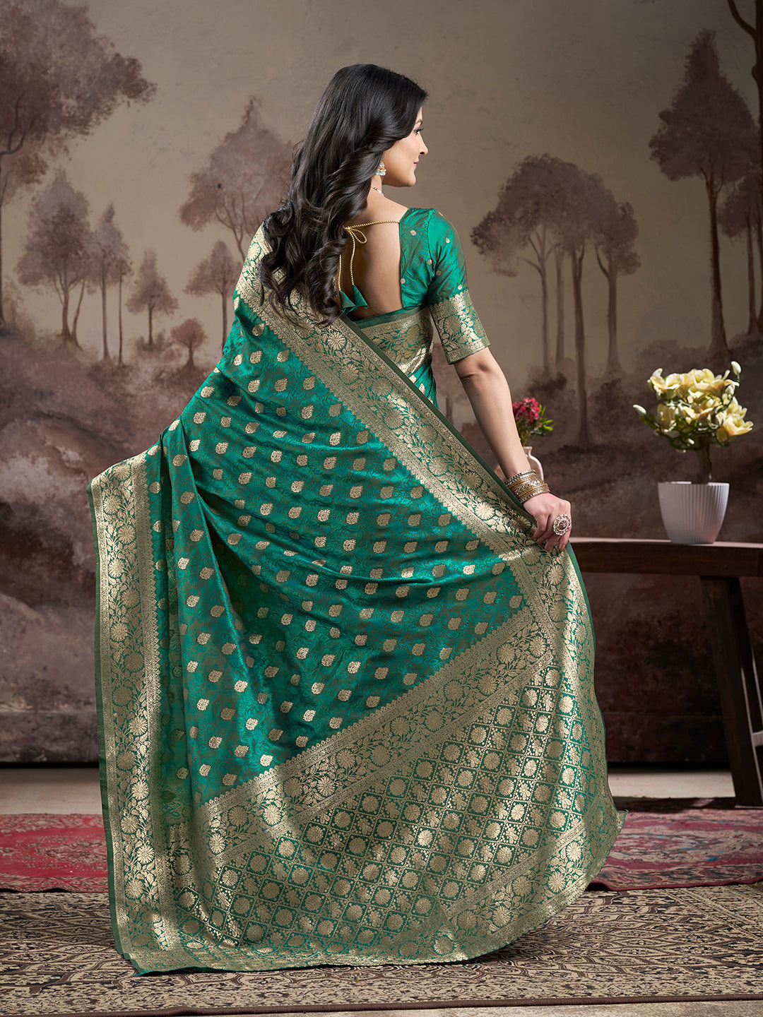 Green Soft Lichi Silk Jacquard Saree with Matching Blouse