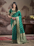 Traditional green soft lichi silk jacquard saree with blouse fabric