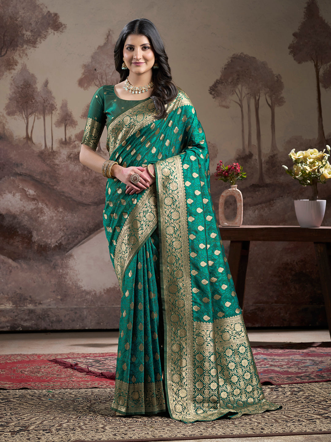 Traditional green soft lichi silk jacquard saree with blouse fabric