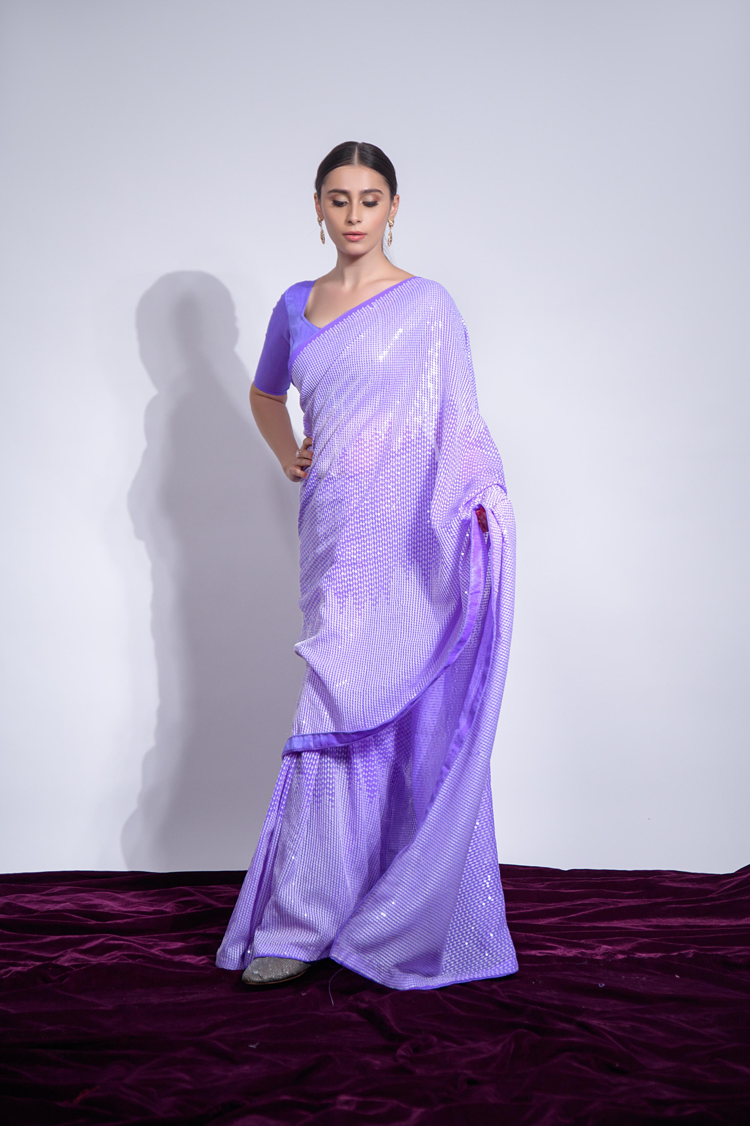 Violet Georgette Sequins Embroidered Designer Party Saree