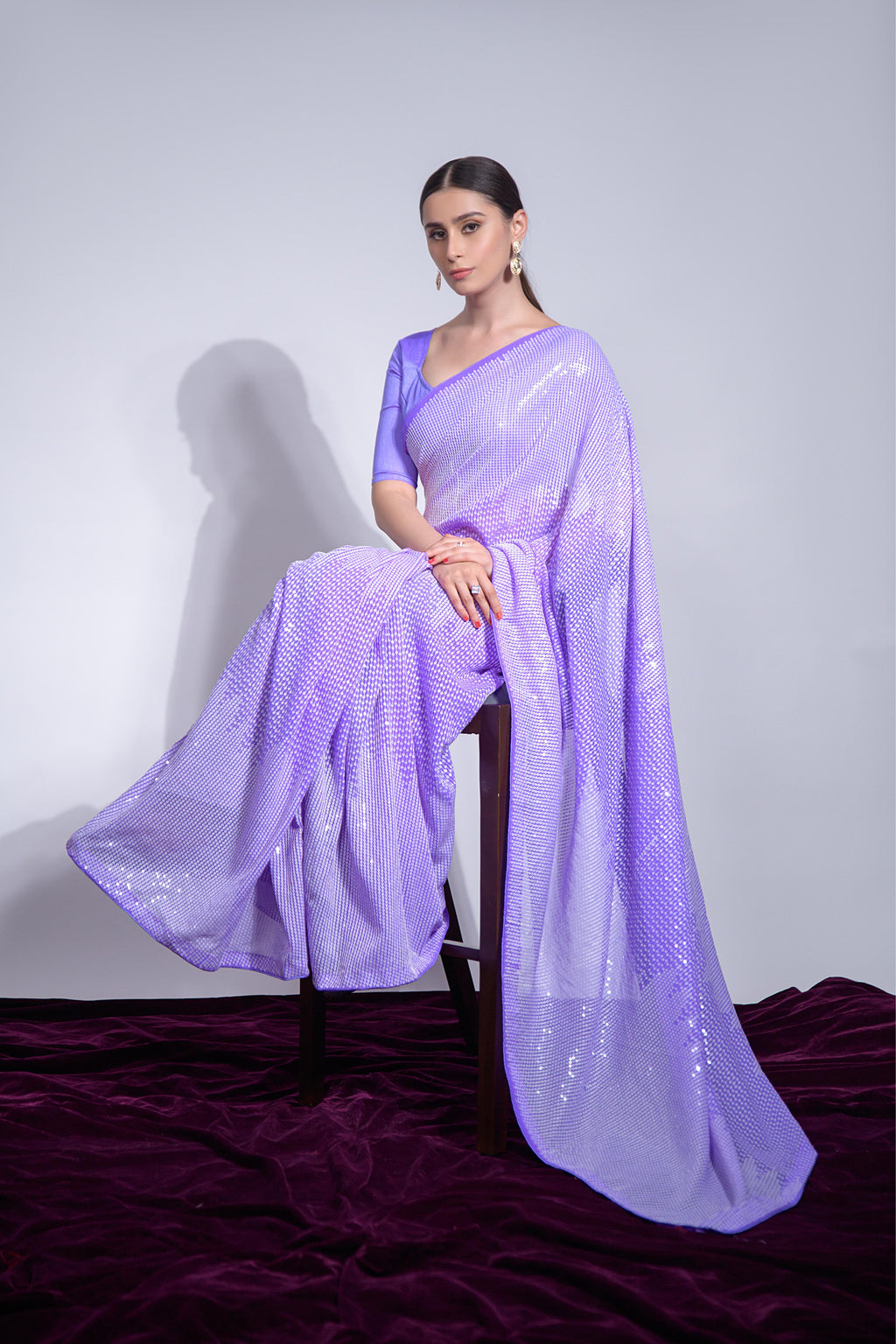 Violet Georgette Sequins Embroidered Designer Party Saree