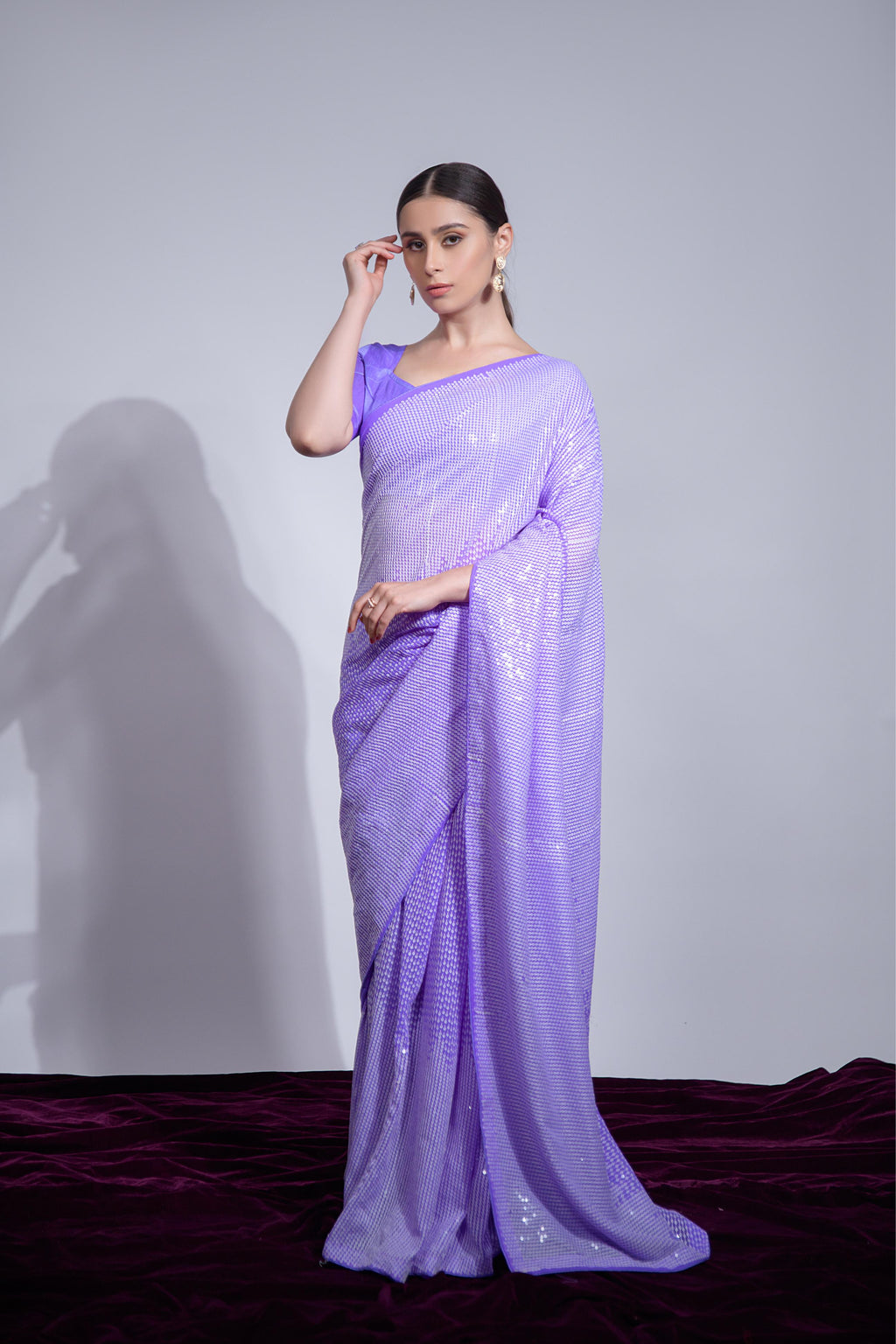 Violet georgette party saree with sequins embroidery and matching blouse