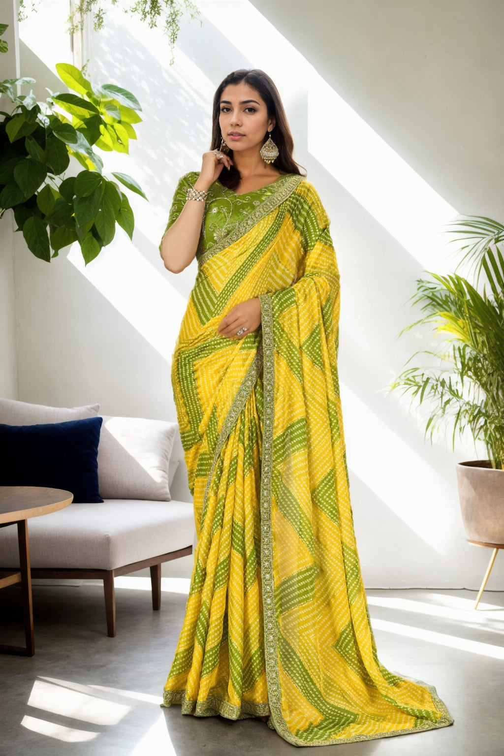 Jyoti Fashion Women's Yellow Chinon Bandhani Print with Embroidered Saree with Blouse