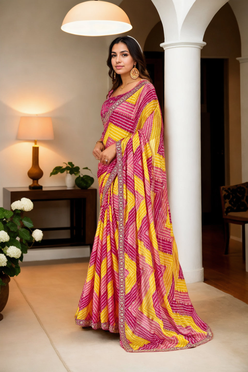 Multicolor Chinon Bandhani Print Saree with Embroidered Blouse