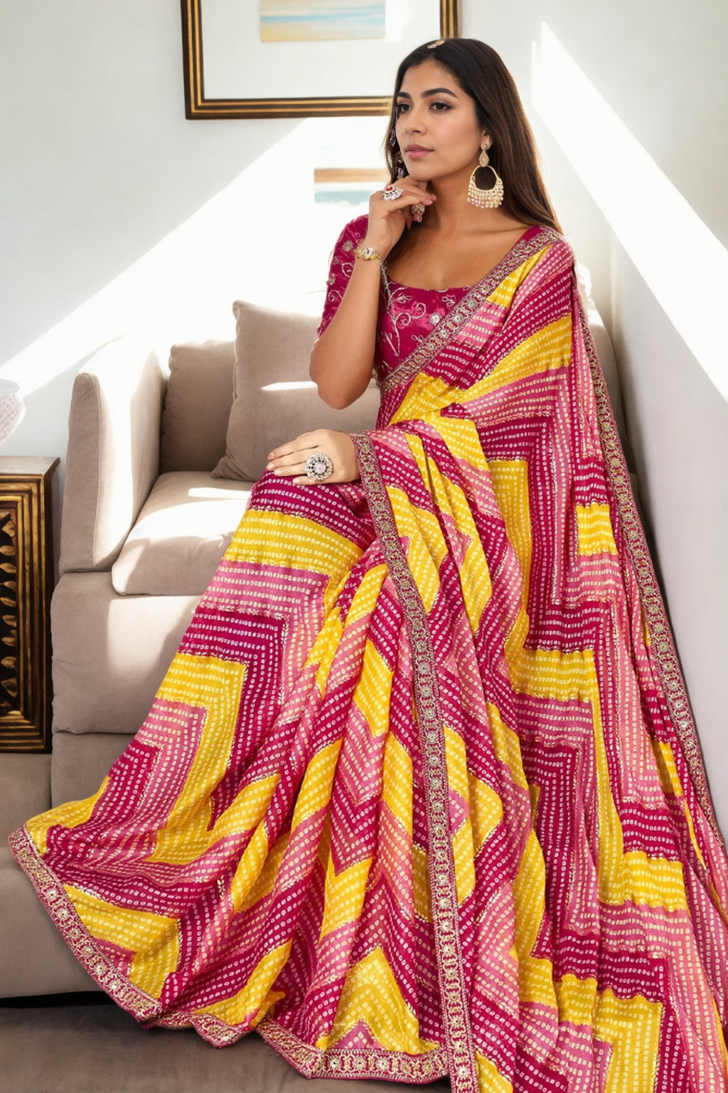Multicolor Chinon Bandhani Print Saree with Embroidered Blouse