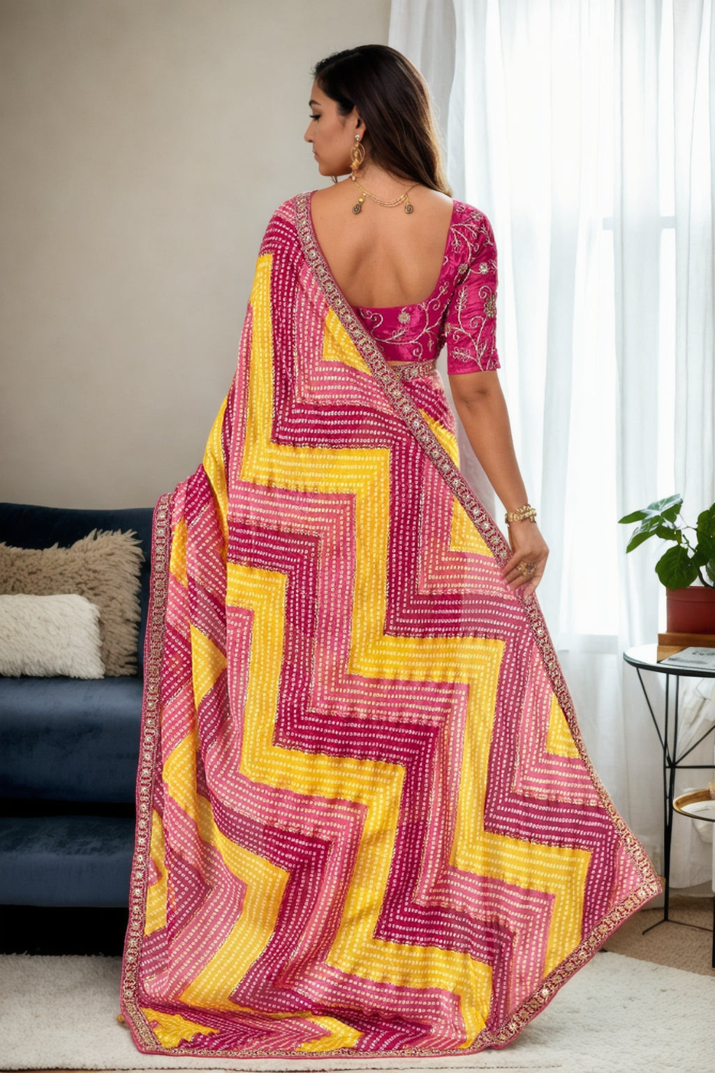 Multicolor Chinon Bandhani Print Saree with Embroidered Blouse