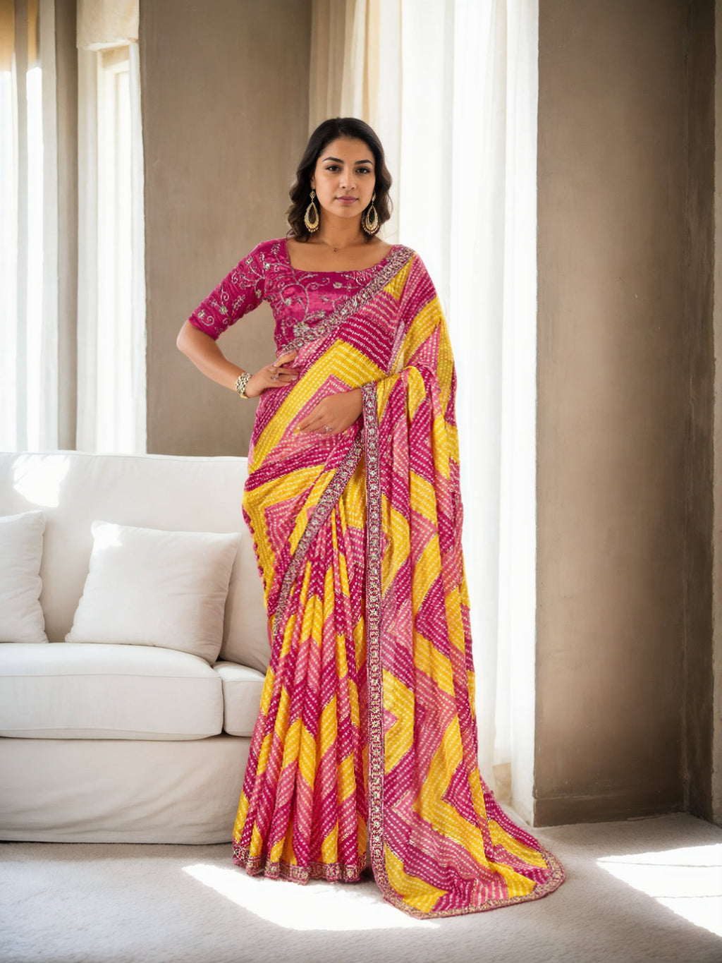 Multicolor Chinon Bandhani print saree with intricate embroidery and matching blouse piece