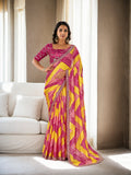 Multicolor Chinon Bandhani print saree with intricate embroidery and matching blouse piece