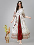 Long white A-line dress with subtle leaf pattern prints