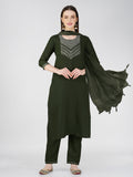 Woman wearing a bottle green cotton blend straight kurta set with sequins embroidery and elbow sleeves