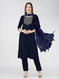 Woman wearing a Navy Blue cotton blend straight kurta with sequins embroidery, elbow-length sleeves, and 46-inch length.