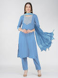 Sky blue cotton blend straight kurta with sequins embroidery and elbow sleeves