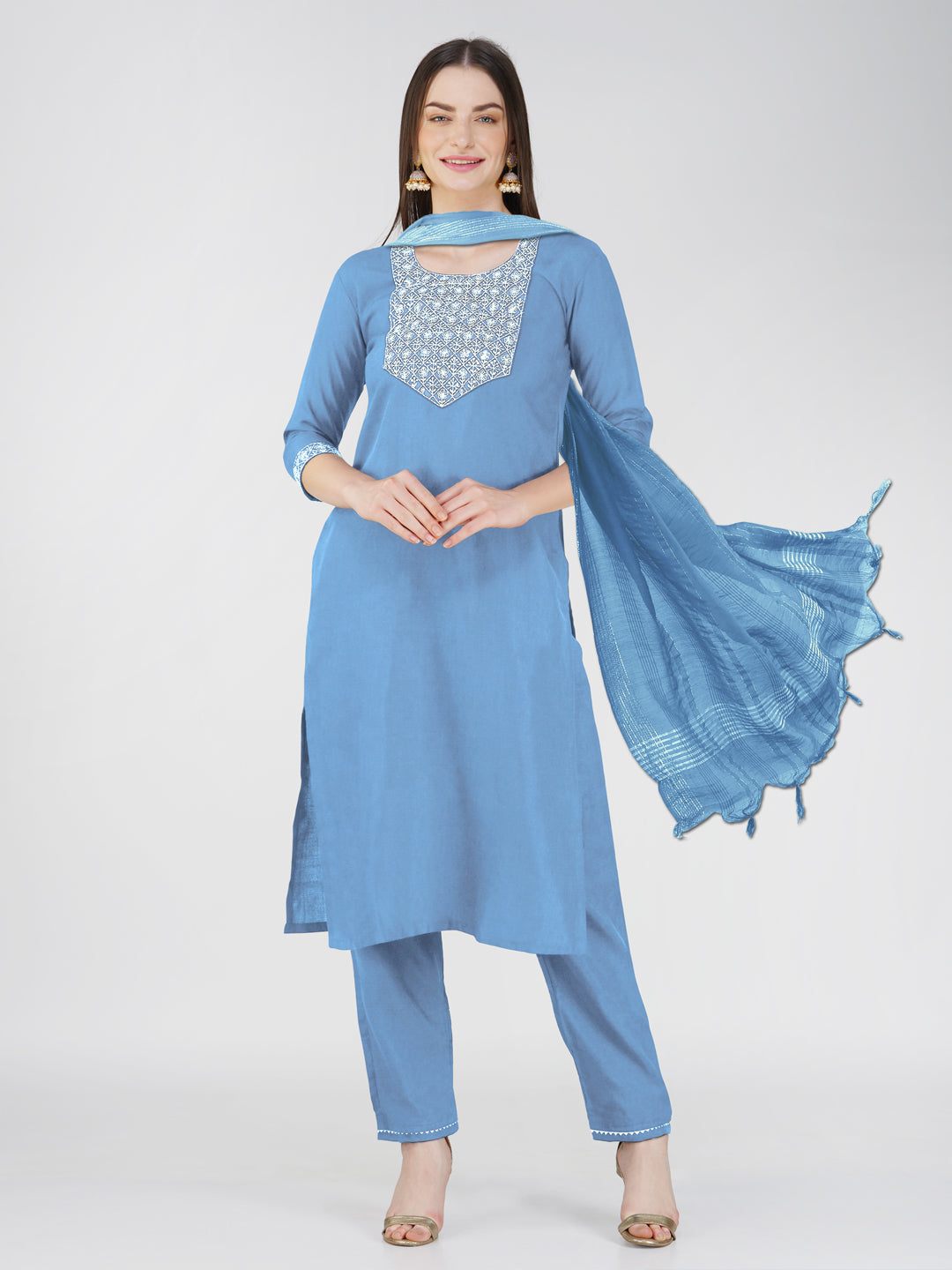Sky blue cotton blend straight kurta with sequins embroidery and elbow sleeves