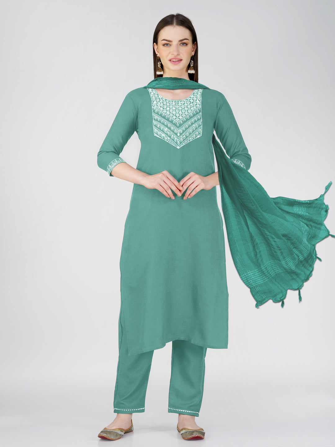 Teal cotton blend straight kurta with sequins embroidery and elbow sleeves