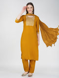 Woman wearing a vibrant mustard cotton blend kurta featuring sequins embroidery