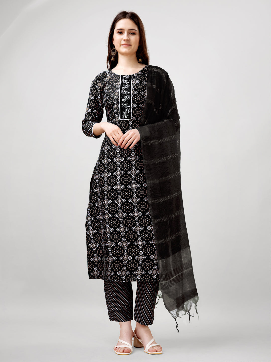 Black rayon straight kurta with embroidery and print details