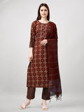 Women's maroon rayon straight kurta with embroidery and print