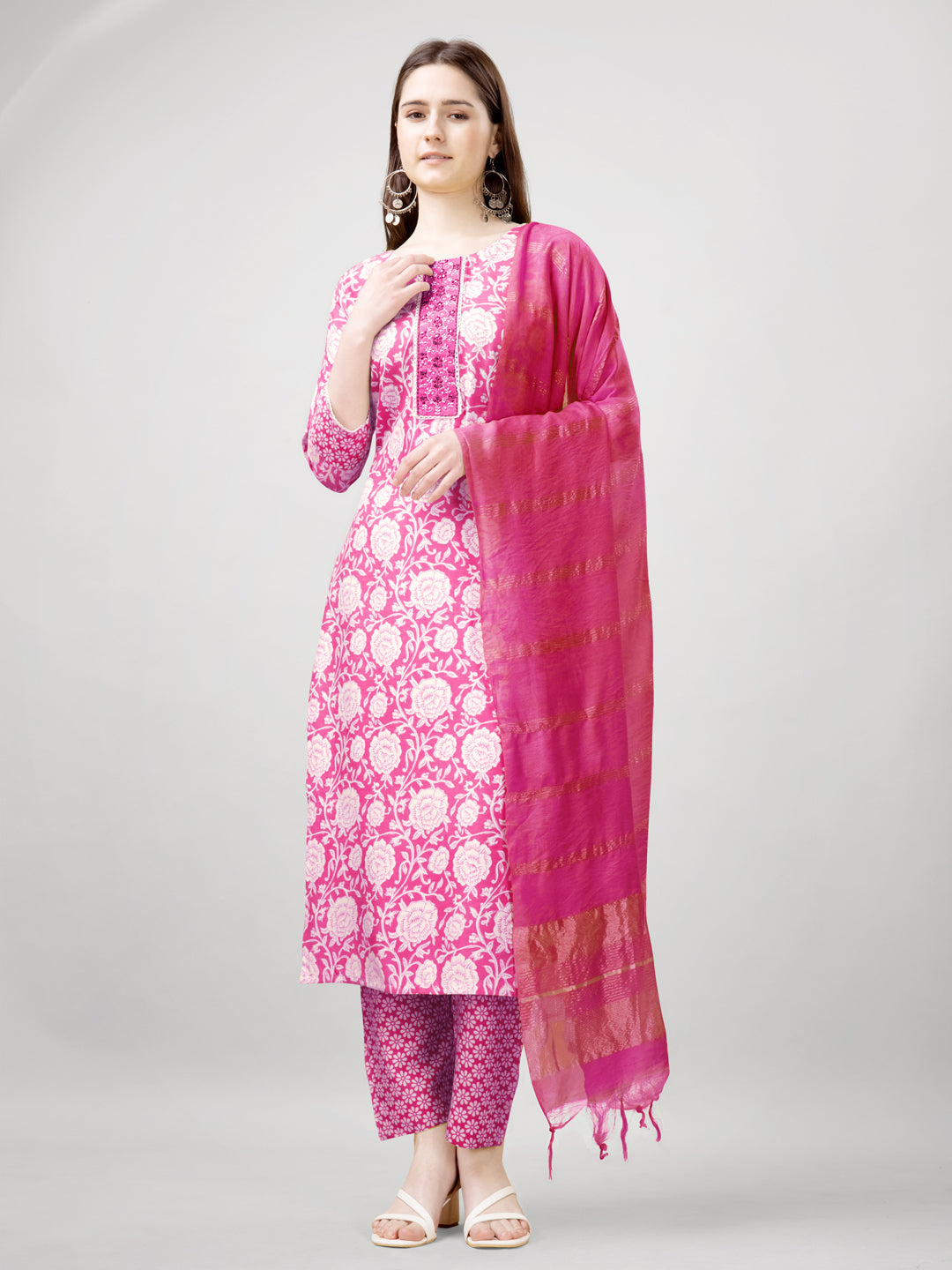 Women's pink rayon printed kurta set with detailed embroidery