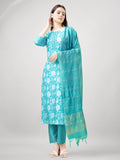 Women's sky blue rayon straight kurta with embroidered and printed accents