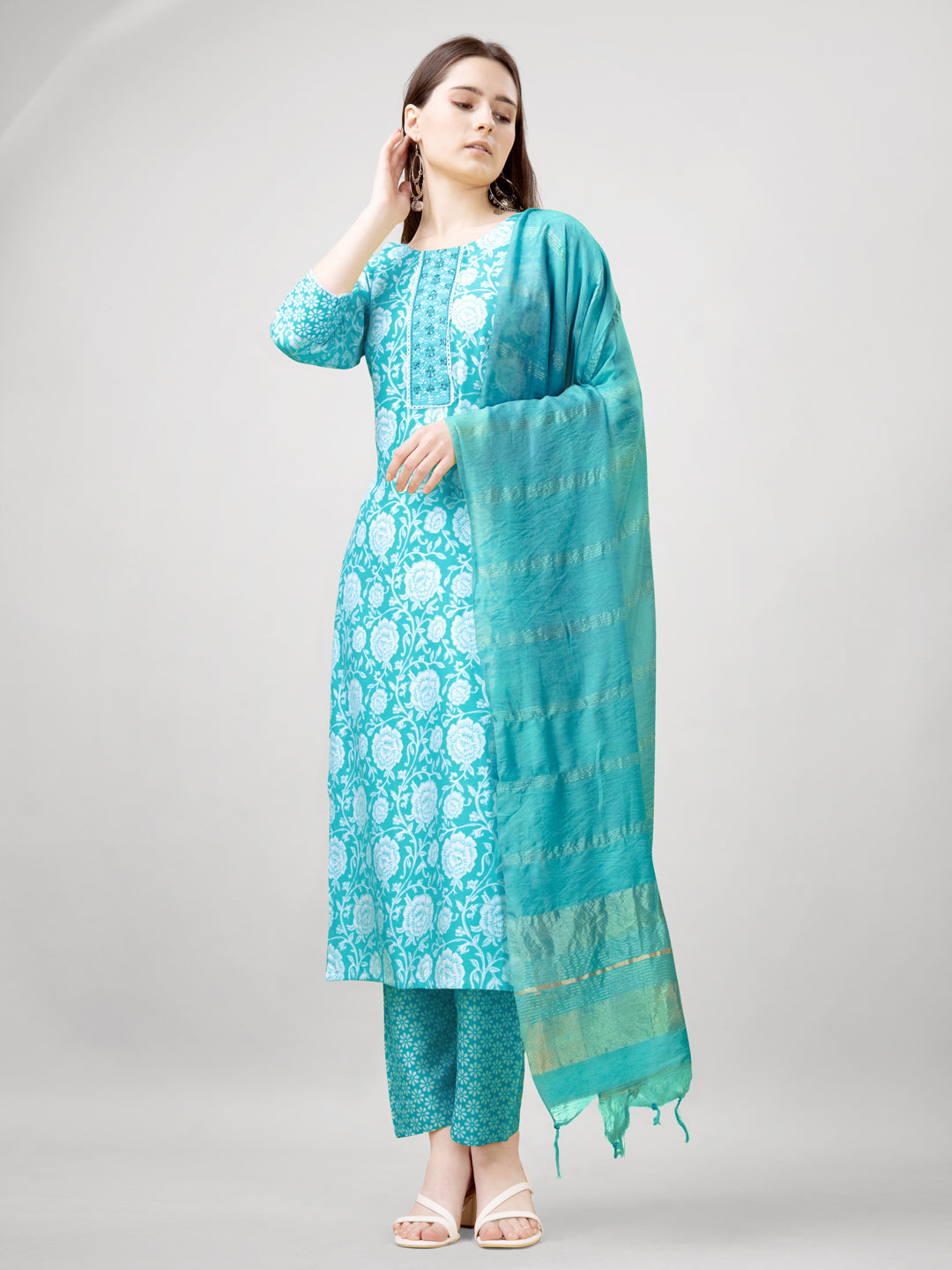 Women's sky blue rayon straight kurta with embroidered and printed accents