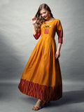Mustard yellow A-line rayon dress with abstract print and half sleeves
