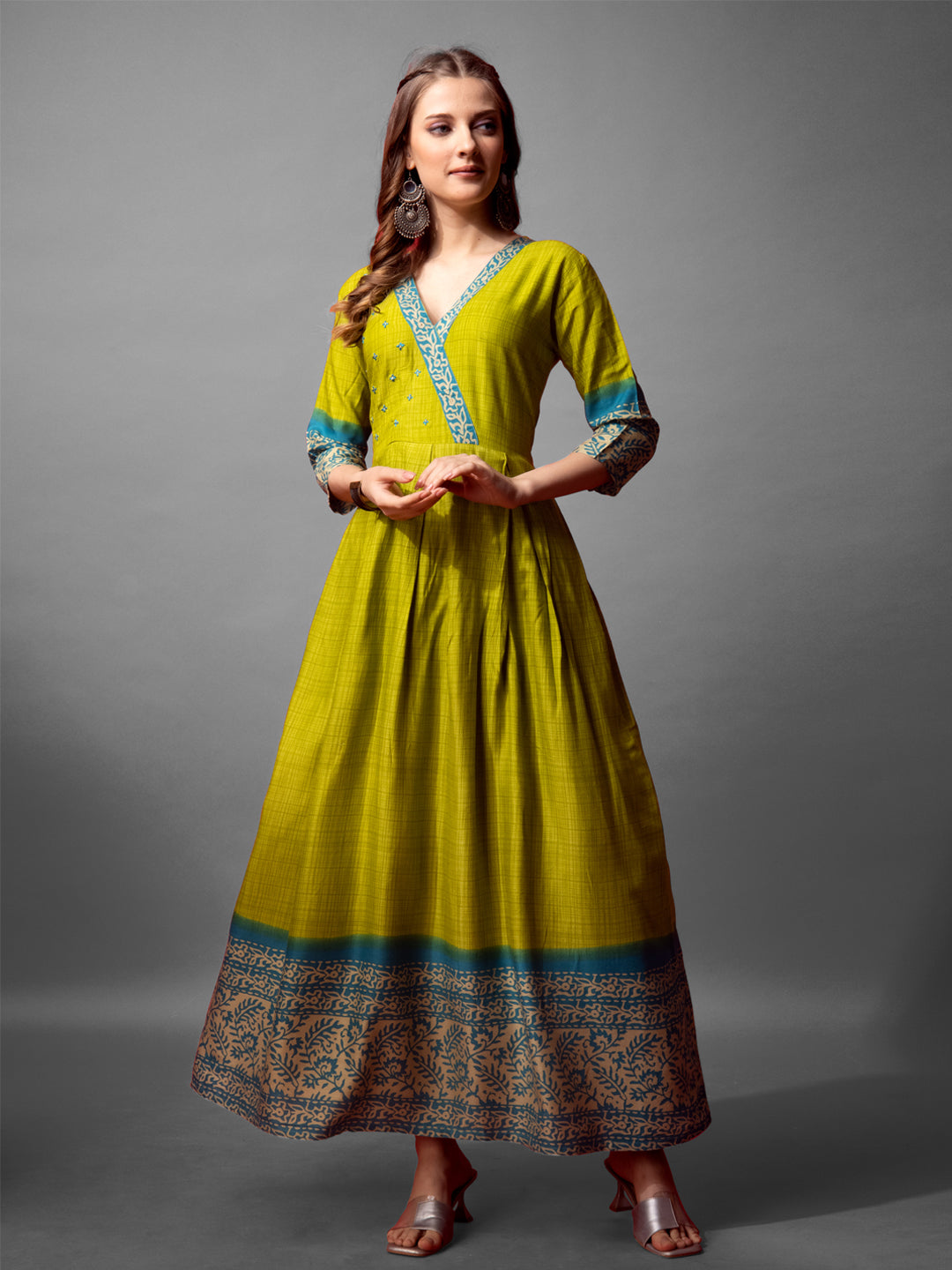 Parrot Green A-line Anarkali dress with printed details