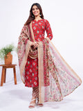 Women's red cotton blend straight kurta set with printed pattern and matching dupatta