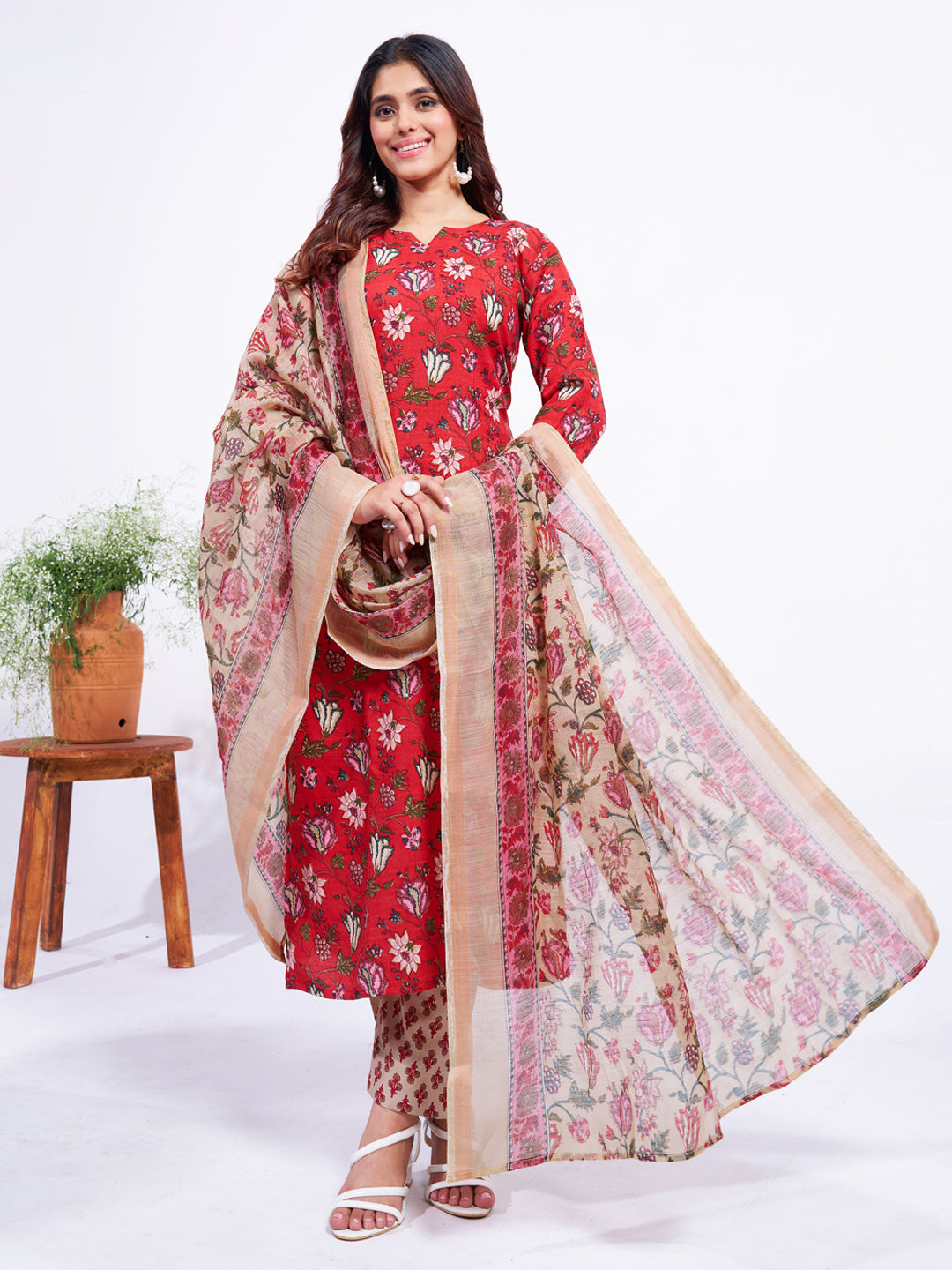 Women's red cotton blend straight kurta set with printed pattern and matching dupatta