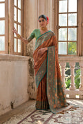 Women wearing a brown Banarasi silk traditional saree with golden zari woven details