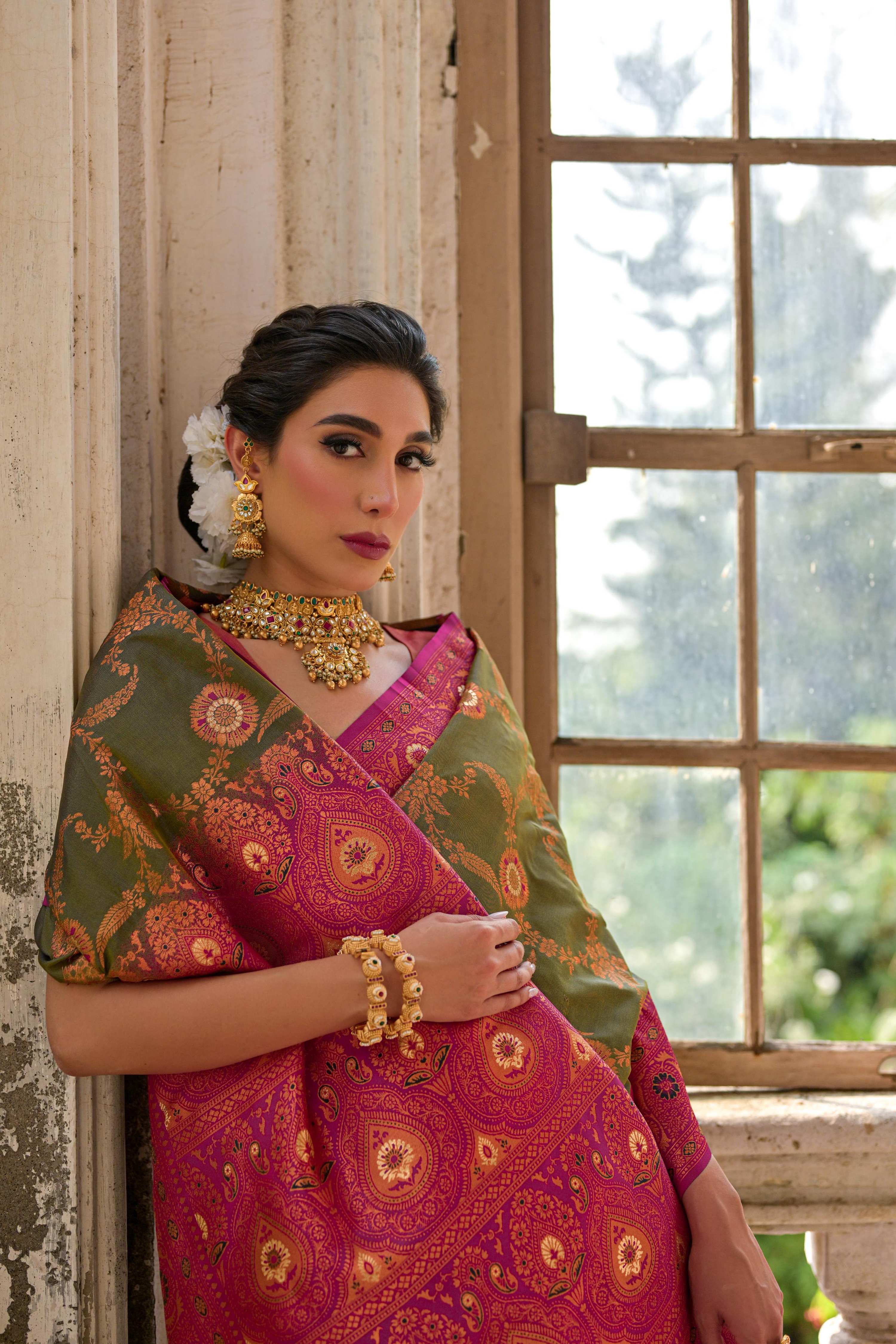 Mehendi Banarasi Silk Zari Woven Saree for Glamorous Events