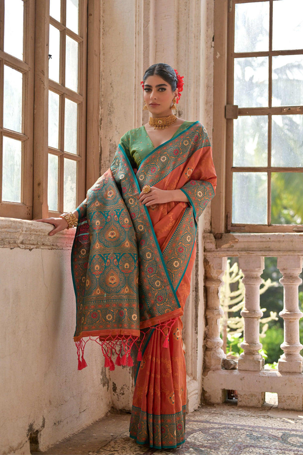 Orange Banarasi Silk Zari Woven Traditional Saree with Blouse