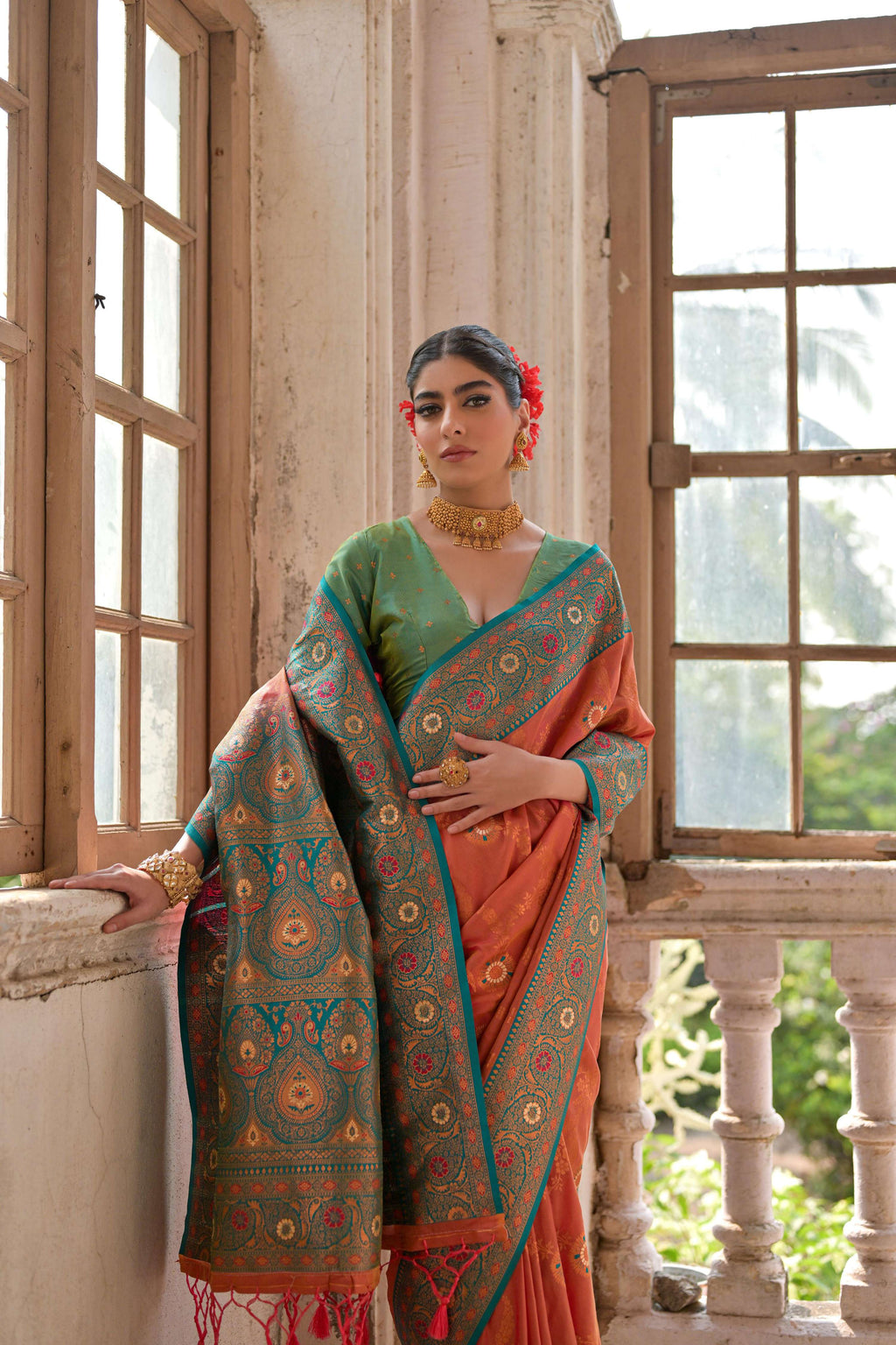 Orange Banarasi Silk Zari Woven Traditional Saree with Blouse