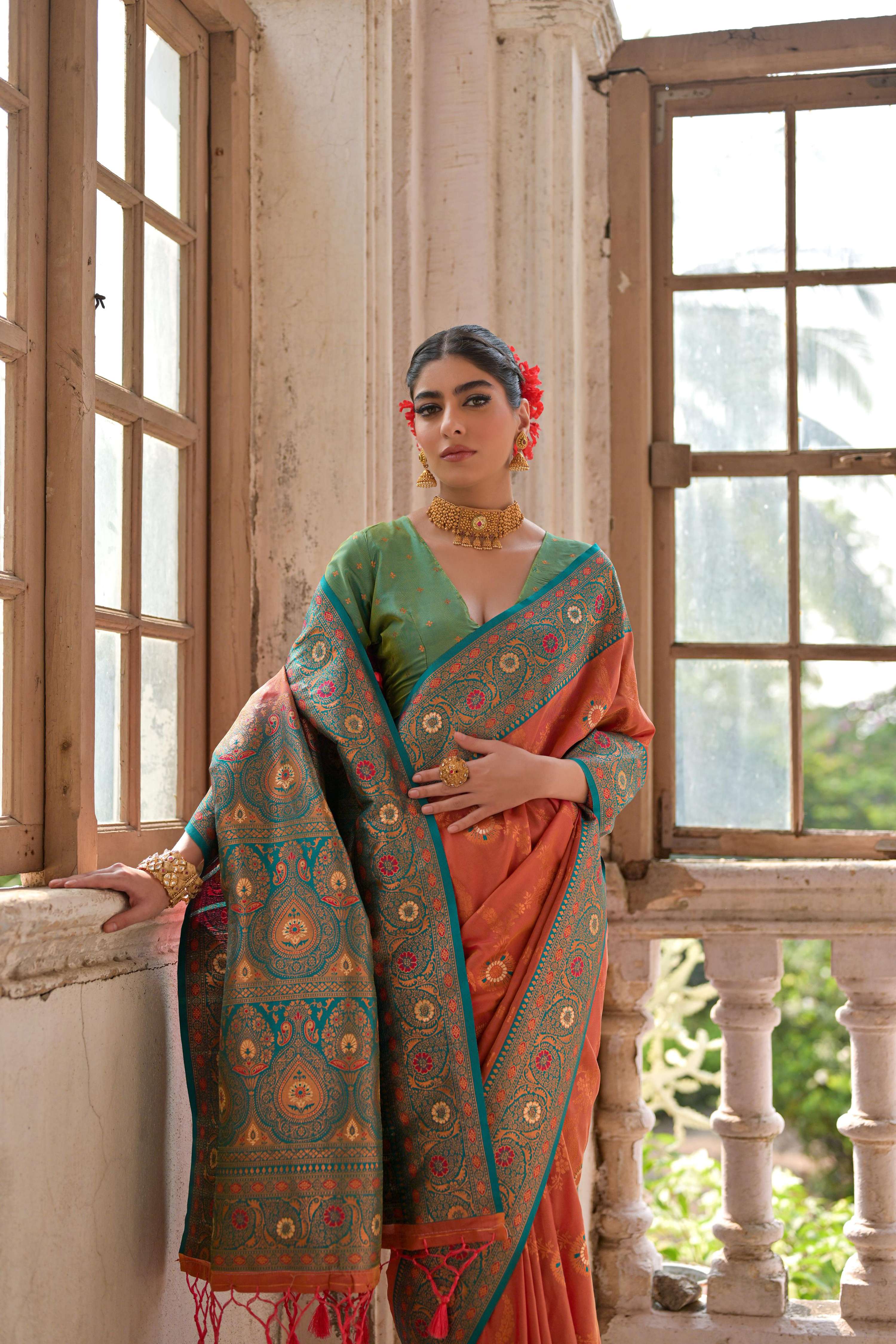 Orange Banarasi Silk Zari Woven Traditional Saree with Blouse