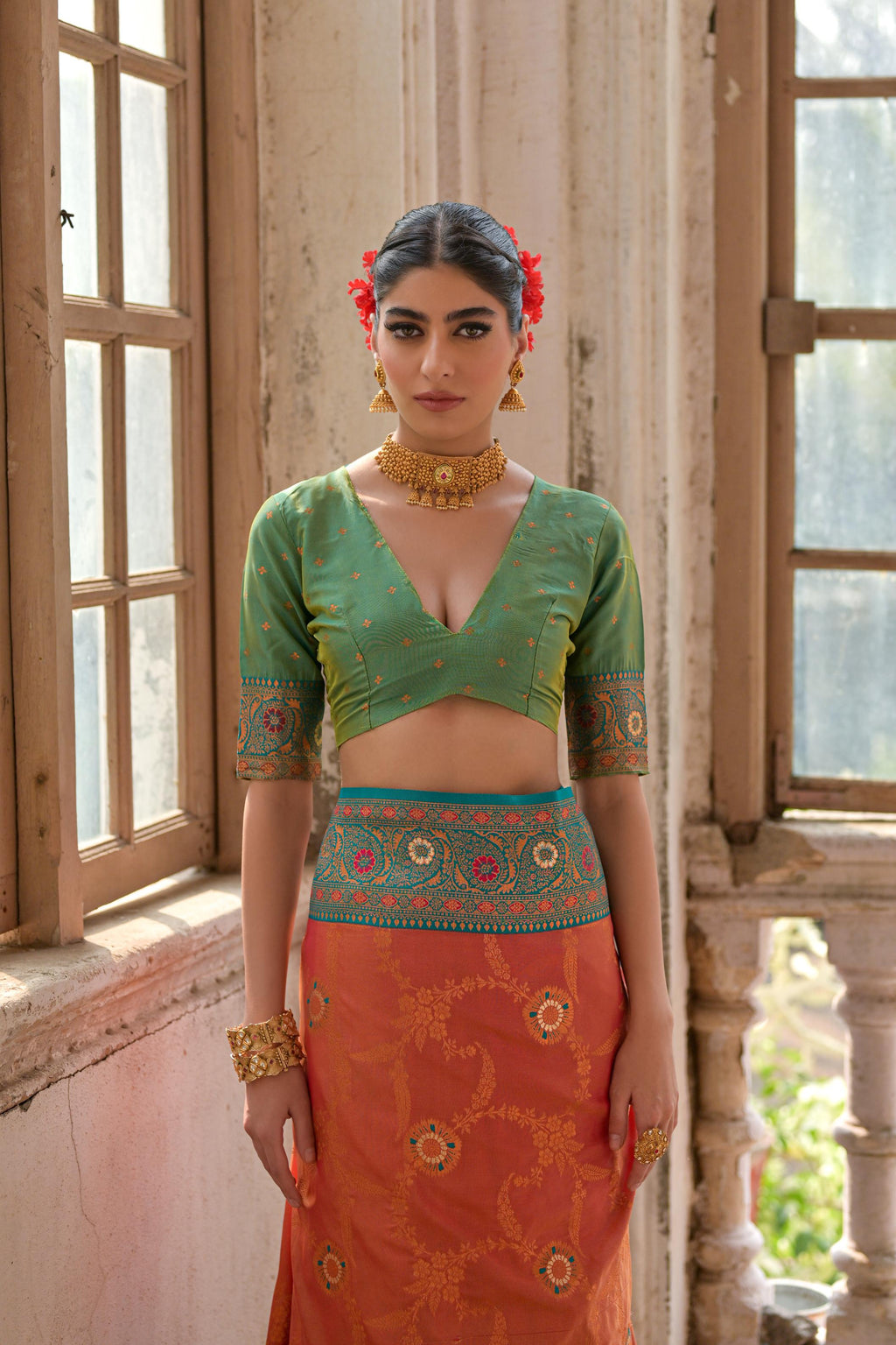 Orange Banarasi Silk Zari Woven Traditional Saree with Blouse