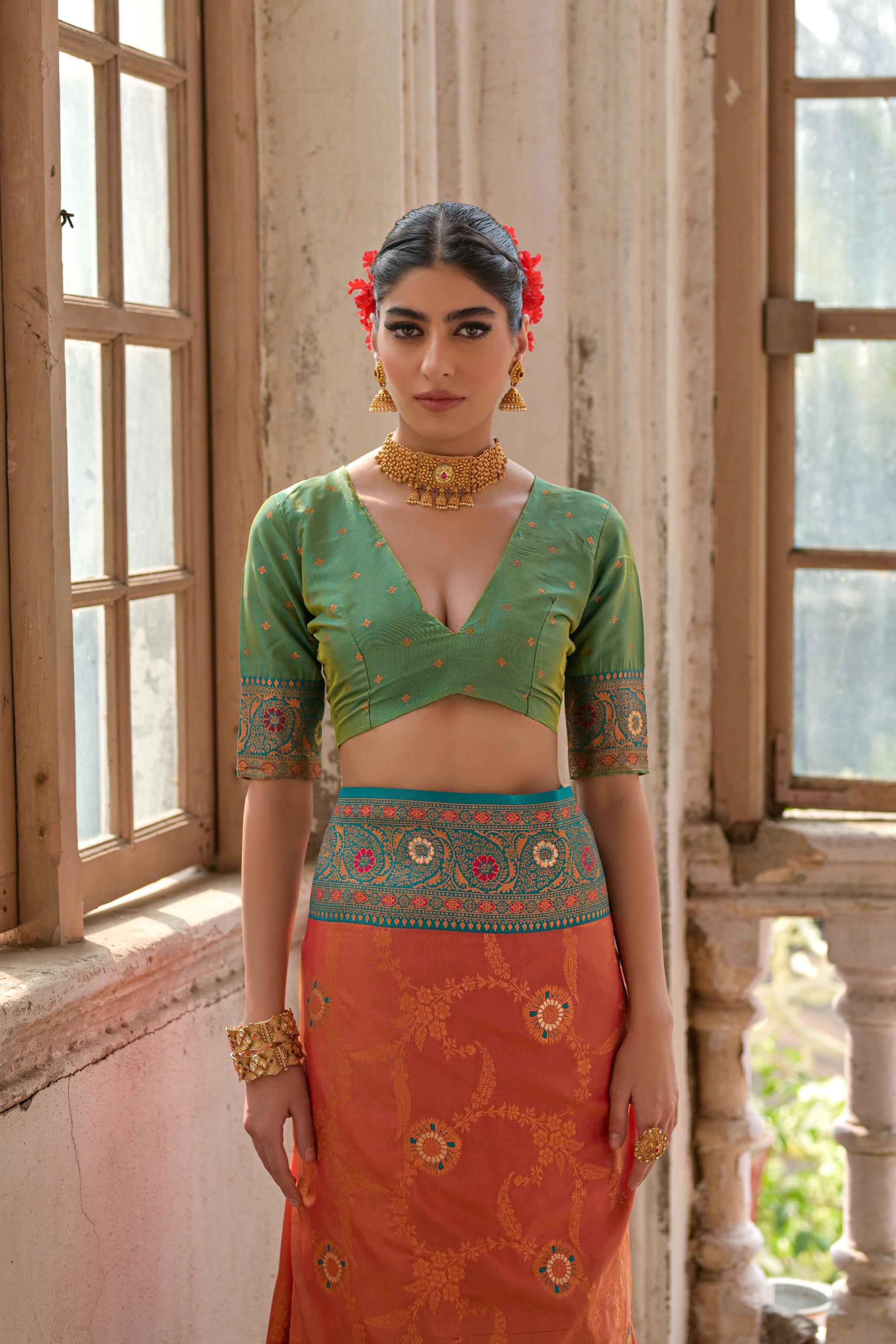 Orange Banarasi Silk Zari Woven Traditional Saree with Blouse