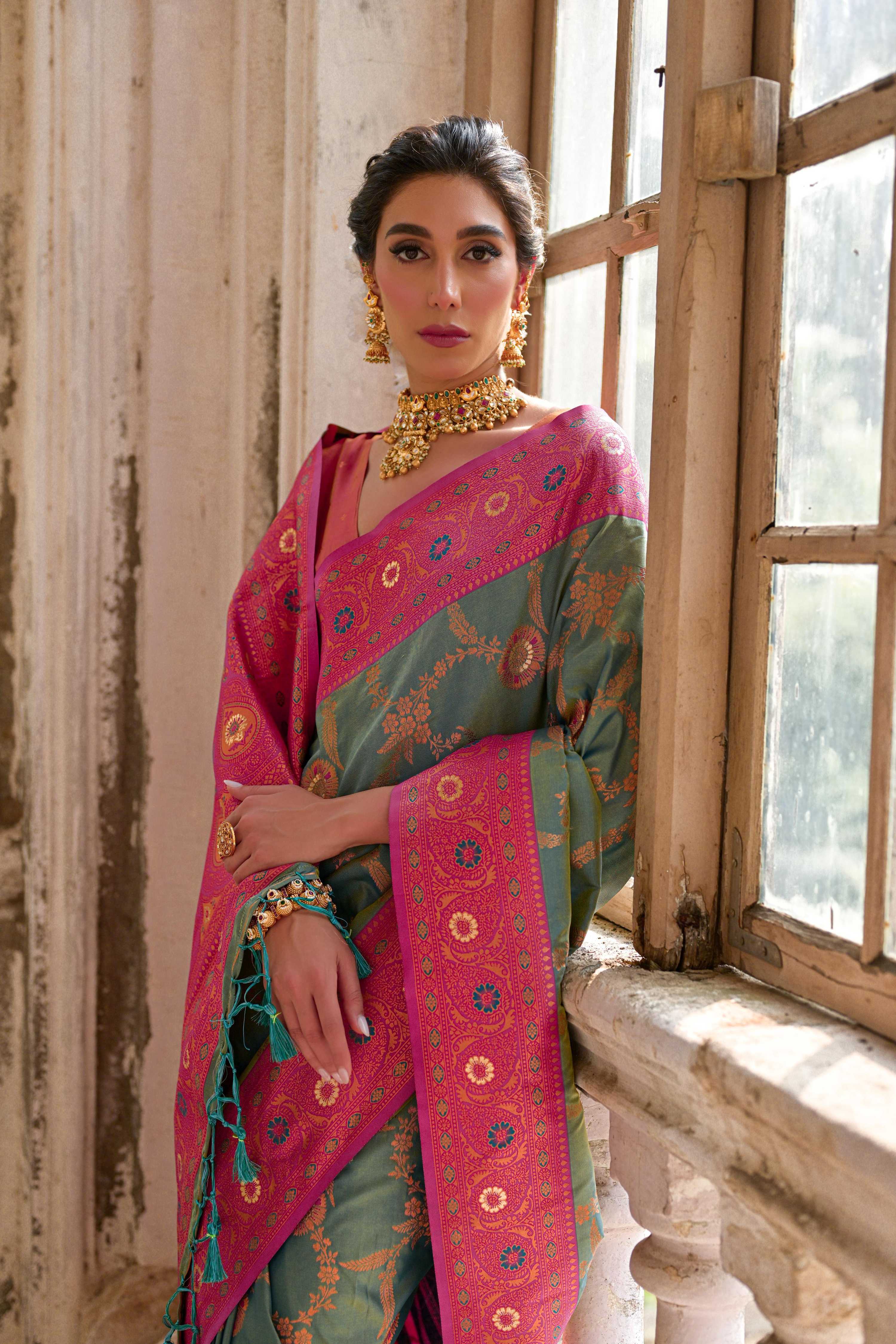Rama Banarasi Silk Zari Woven Saree with Floral Pattern