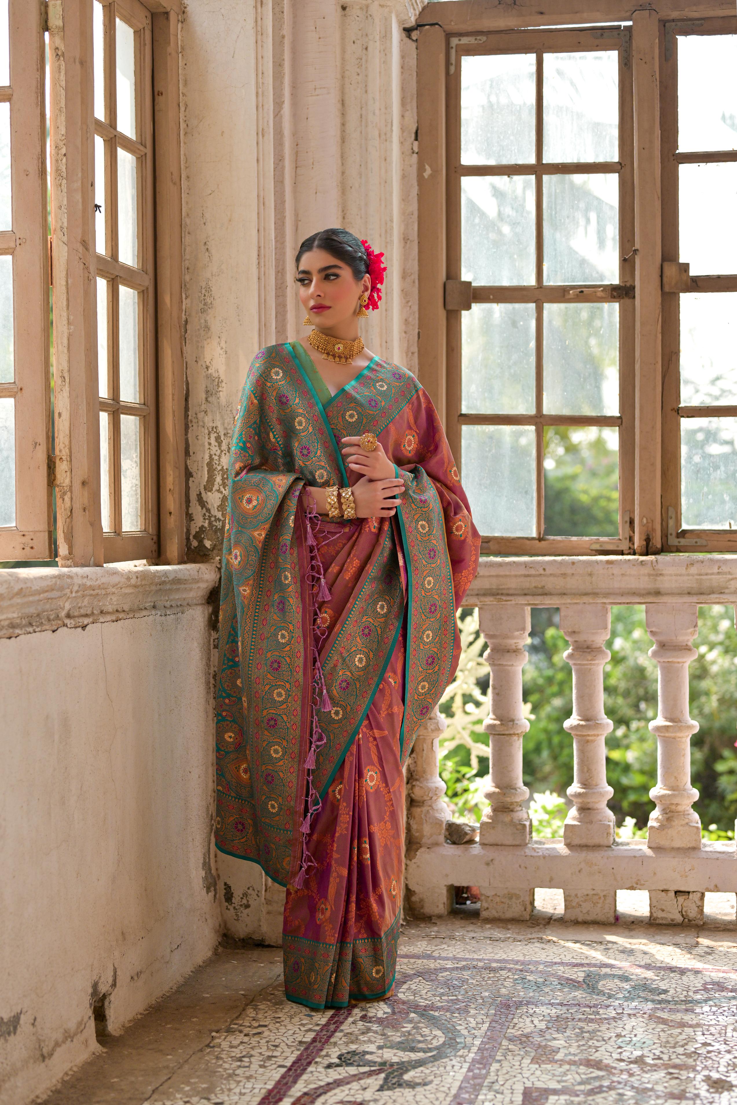 Wine Banarasi Silk Zari Woven Traditional Saree with Blouse