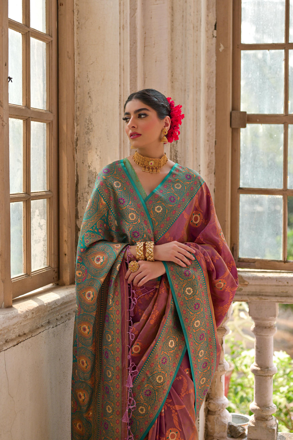 Wine Banarasi Silk Zari Woven Traditional Saree with Blouse