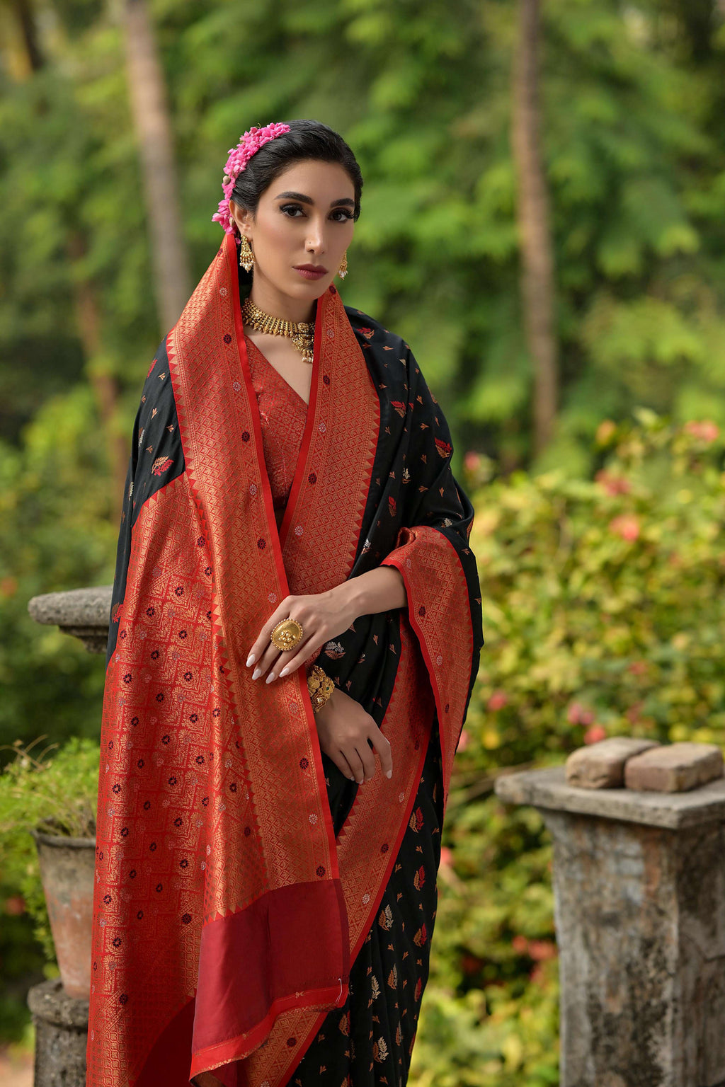 Black Banarasi Silk Traditional Saree with Zari Woven Border