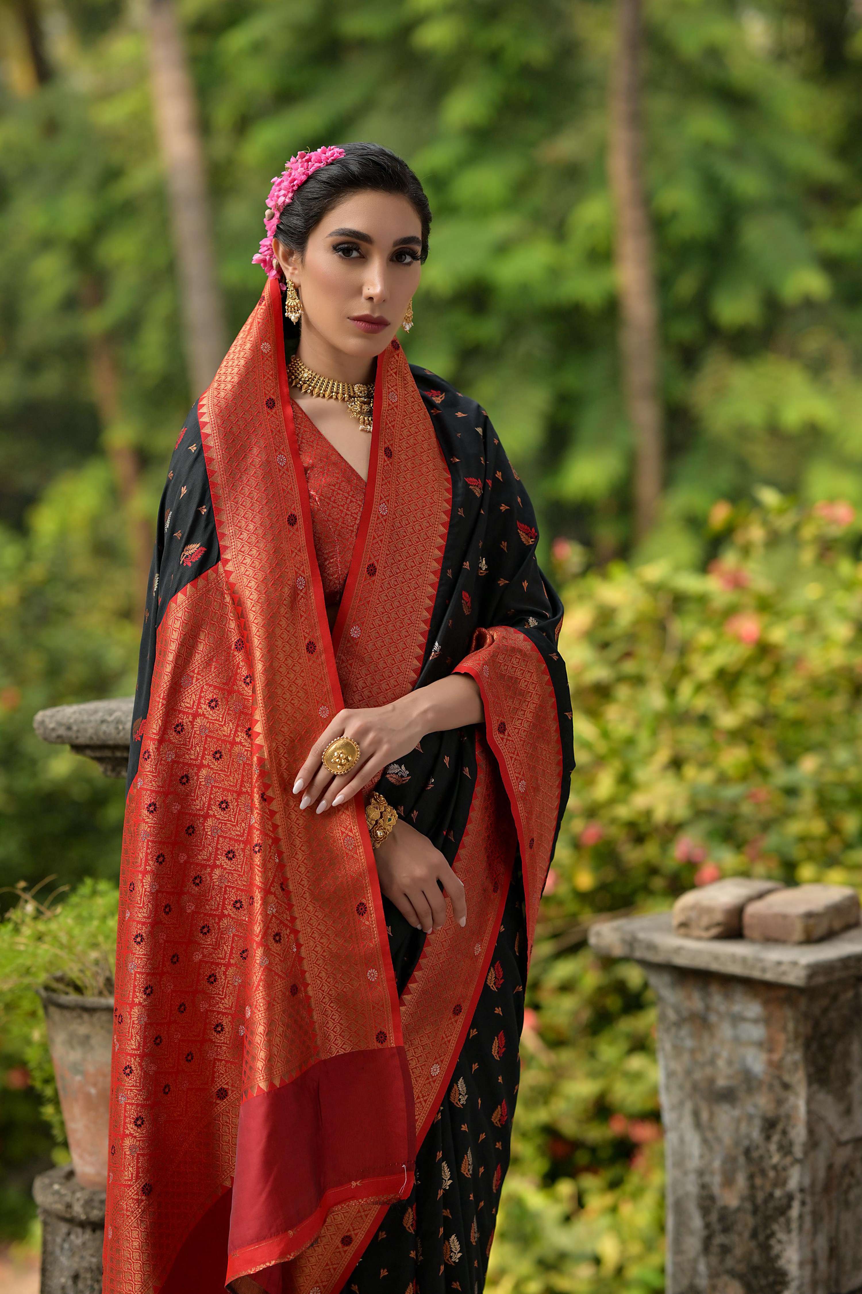 Black Banarasi Silk Traditional Saree with Zari Woven Border