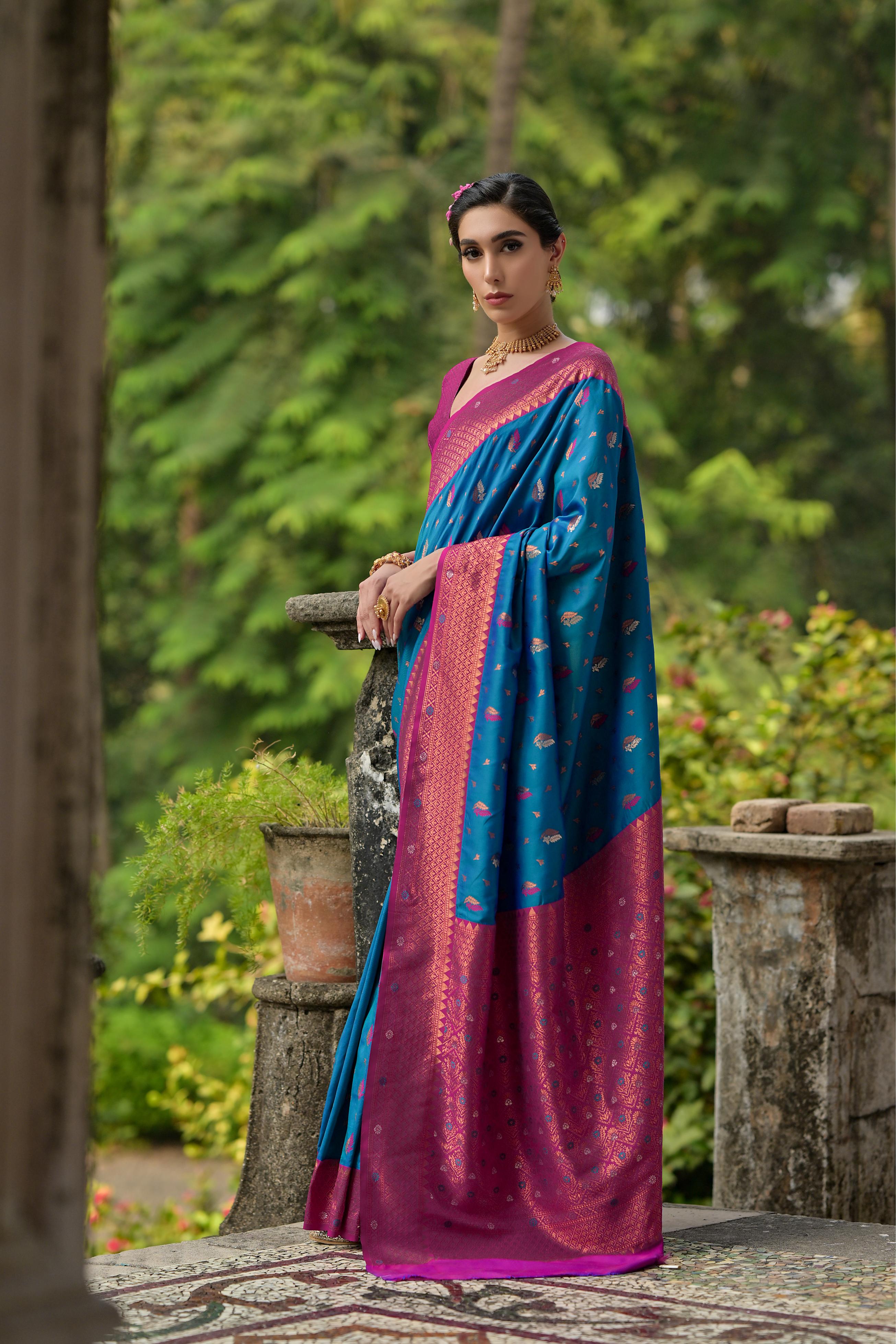 Blue Banarasi Silk Zari Woven Traditional Saree with Blouse